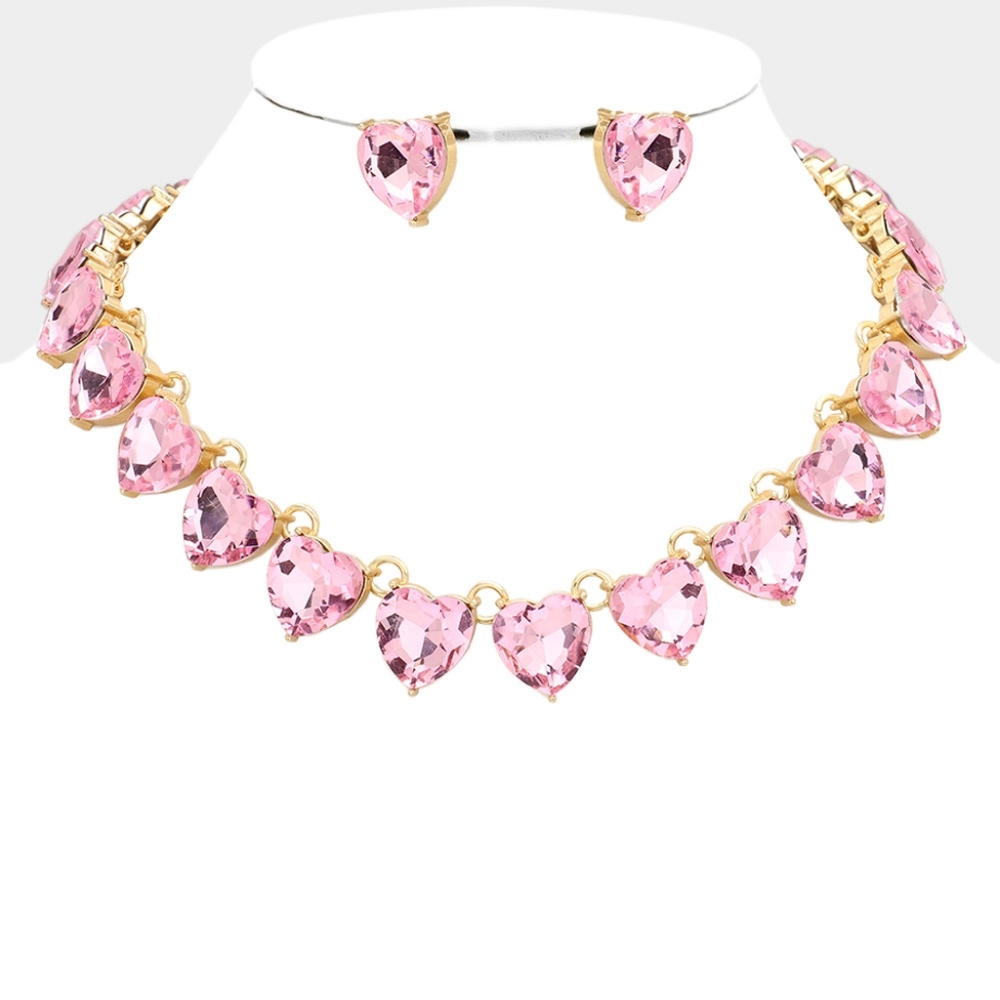 Pink Heart Crystal Necklace Set Fashion Statement Evening Jewelry Accessory